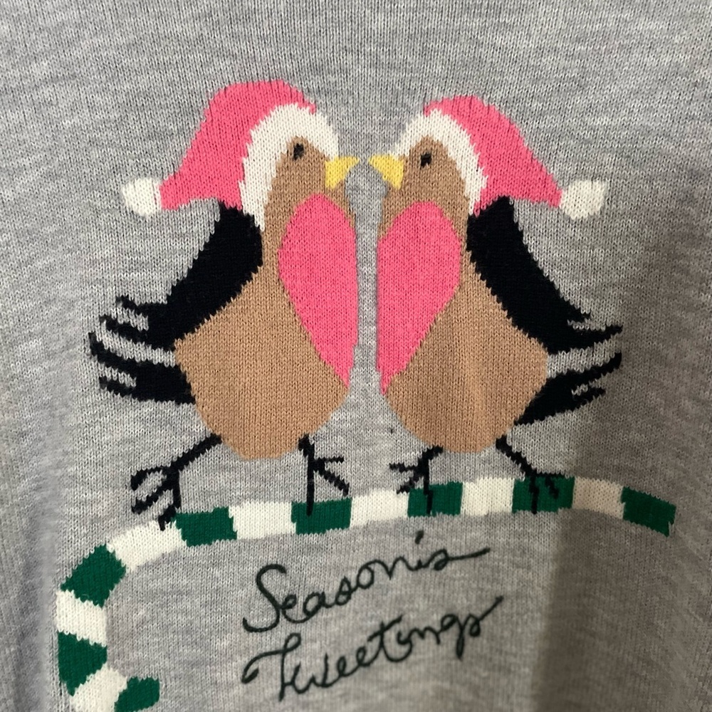 Talbots Gray Holiday Bird Intarsia Cowl Sweater with Pink Accents - Picture 2 of 6